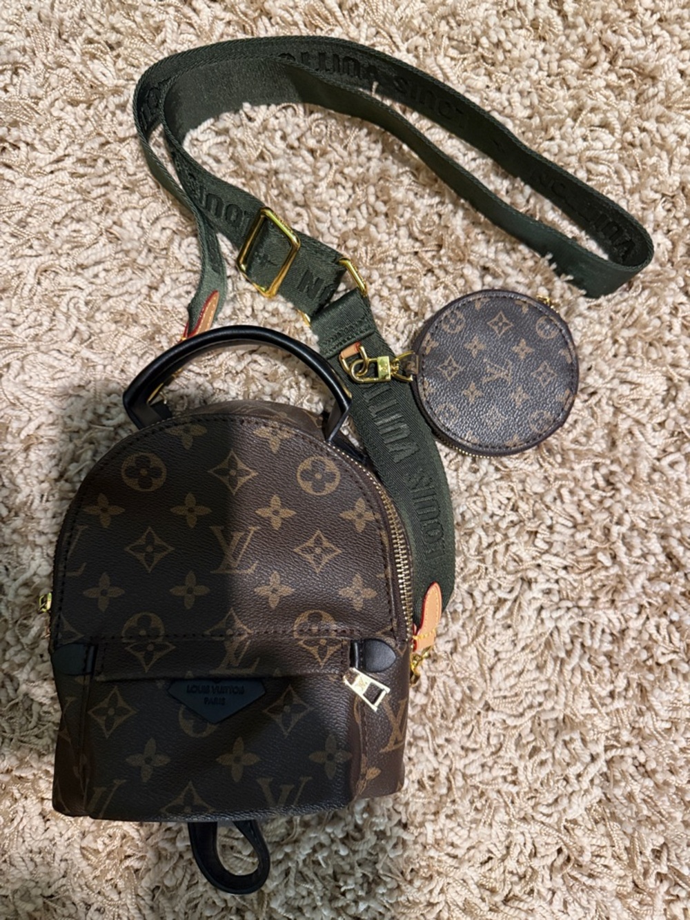 Faux LV Monogram Mini Backpack with Green Strap and Coin Pouch